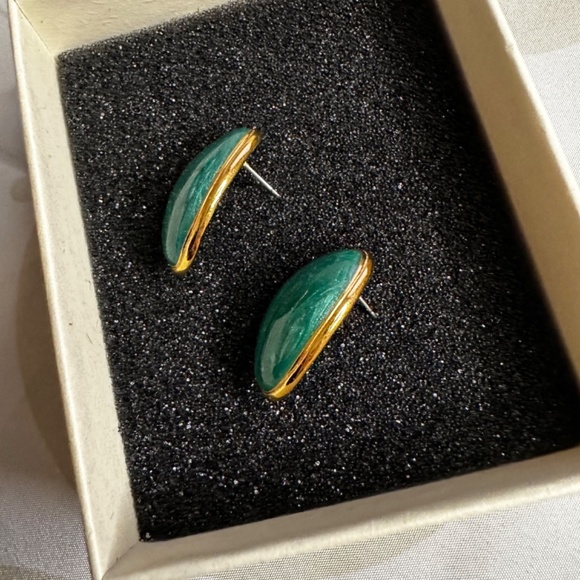 Vintage 80s Lake Superior Green Shimmering Enamel Ear Studs - Picture 3 of 5